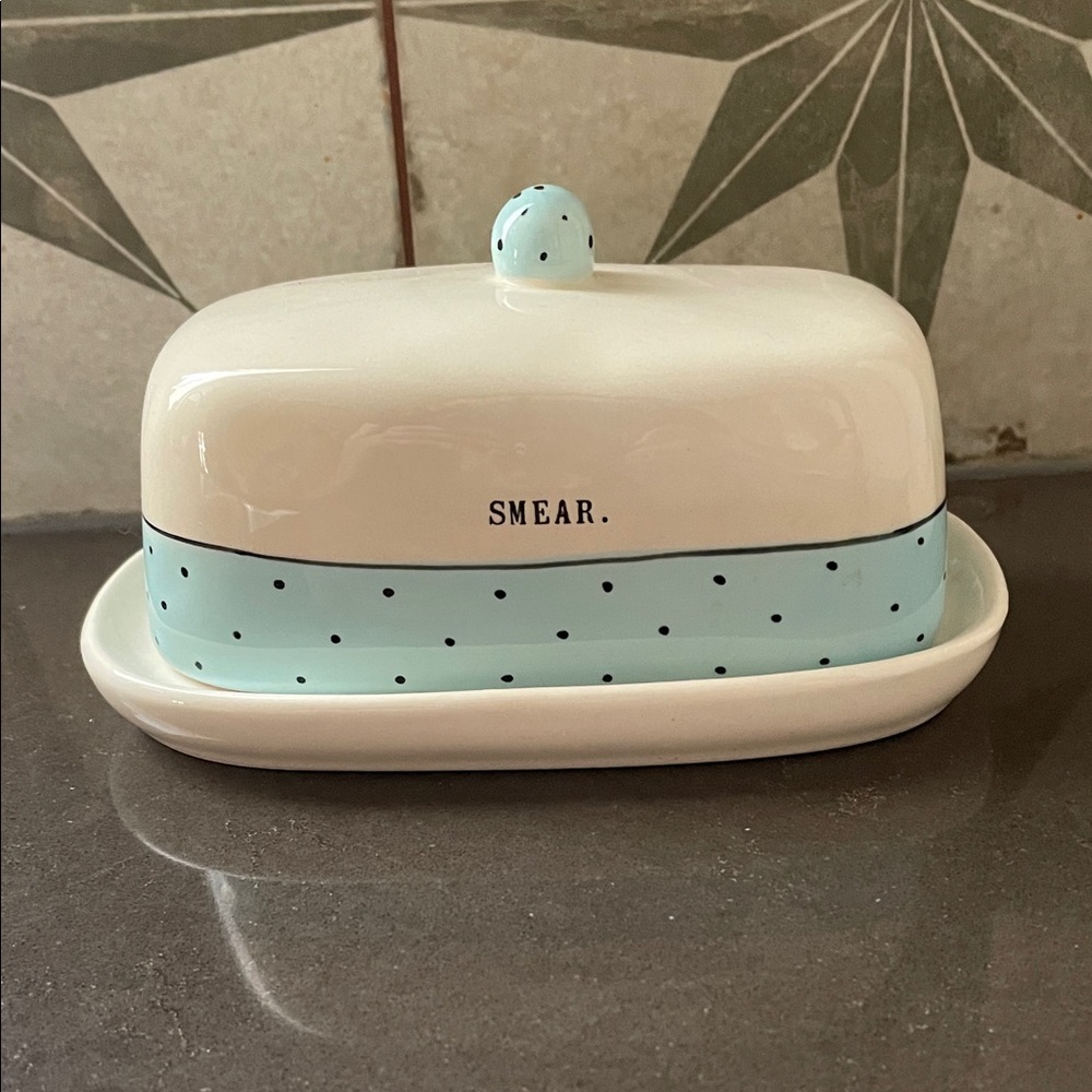 Rae Dunn White and Light Blue Polka Dot Butter Dish